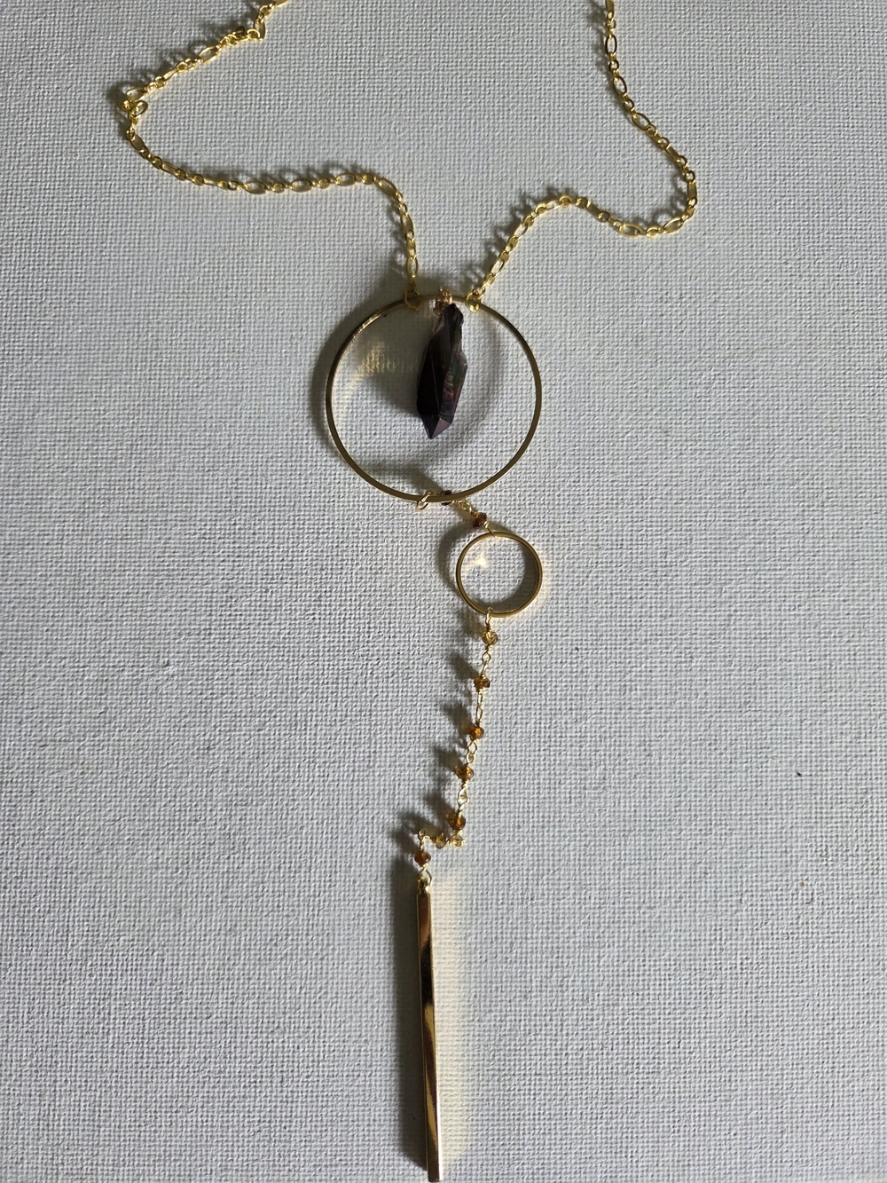 Irideacent Quartz Point Layered Circle Pendant Bar Necklace